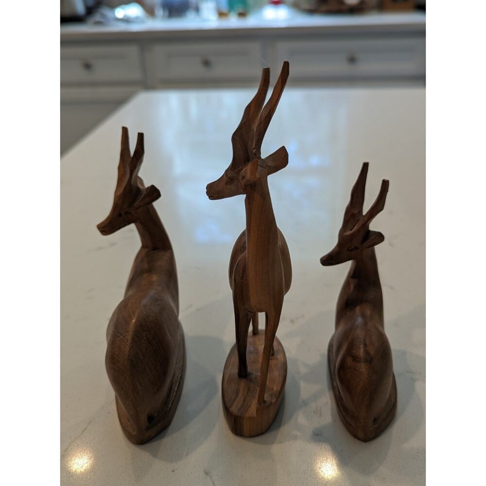 Carved Antelopes Set Of 3 Teak Wood Sculptures Hand carved Safari African... - Picture 7 of 14